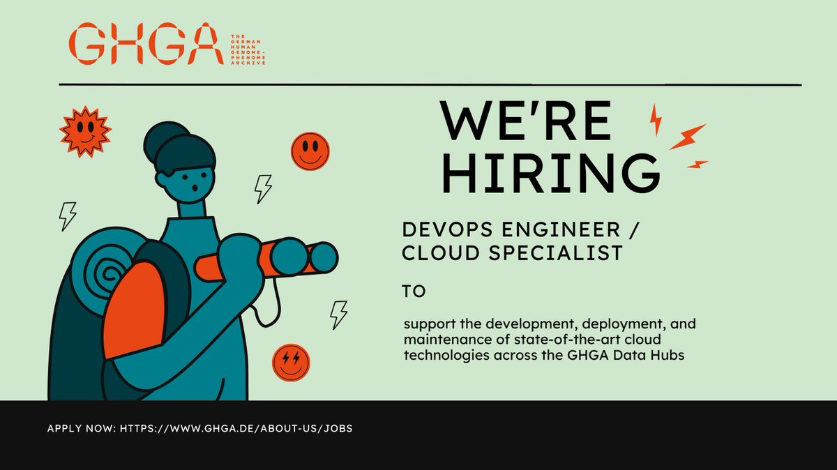 The German Human Genome-Phenome Archive (@ghga_de) on Twitter photo Become part of the #GHGAsquad at
@dkfz in Heidelberg!
We are looking for a #DevOps Engineer/ Cloud Specialist supporting the development, deployment and maintenances of cloud solutions for GHGA, operating within the <a href="/denbiCloud/">de.NBI Cloud</a>!
More at t1p.de/mni85 Become part of the #GHGAsquad at
@dkfz in Heidelberg!
We are looking for a #DevOps Engineer/ Cloud Specialist supporting the development, deployment and maintenances of cloud solutions for GHGA, operating within the <a href="/denbiCloud/">de.NBI Cloud</a>!
More at t1p.de/mni85