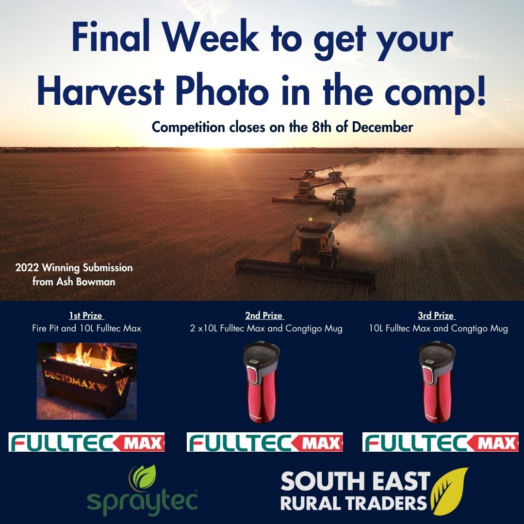 Only 1 week left to enter this years Harvest Photo comp. 
Get you photo in by emailing to admin@southeastruraltraders.com.au or uploading/tagging our Social Media pages.
Prizes donated by Spraytec and South East Rural Traders. 
<a href="/DeltaAgWA/">Delta Agribusiness WA</a> @spraytecaustralia
