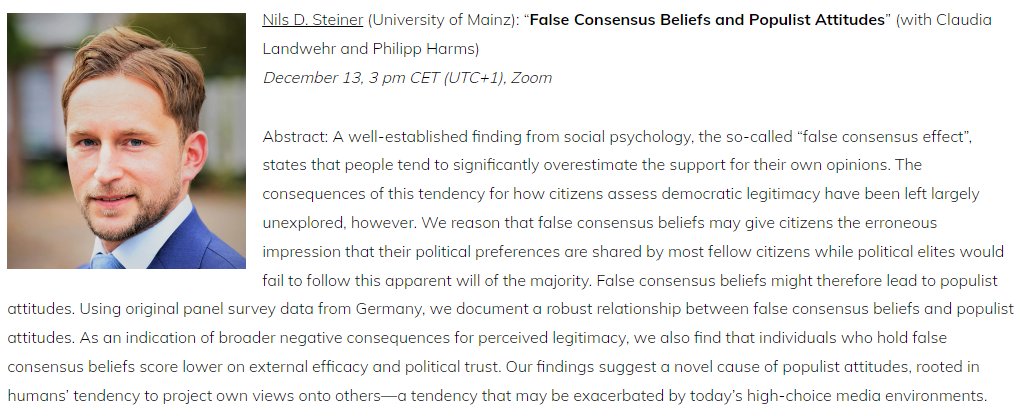 ECPR SG Political Culture (@ecpr_polculture) on Twitter photo 📢 Upcoming talk in our #PoliticalCulture Lecture Series
<a href="/NilsSteiner/">Nils Steiner</a> (<a href="/uni_mainz/">Universität Mainz</a>): "False Consensus Beliefs and Populist Attitudes"
📅 Dec 13
⏰ 3 pm CET (UTC+1), Zoom
More info & registration: standinggroups.ecpr.eu/politicalcultu… 📢 Upcoming talk in our #PoliticalCulture Lecture Series
<a href="/NilsSteiner/">Nils Steiner</a> (<a href="/uni_mainz/">Universität Mainz</a>): "False Consensus Beliefs and Populist Attitudes"
📅 Dec 13
⏰ 3 pm CET (UTC+1), Zoom
More info & registration: standinggroups.ecpr.eu/politicalcultu…