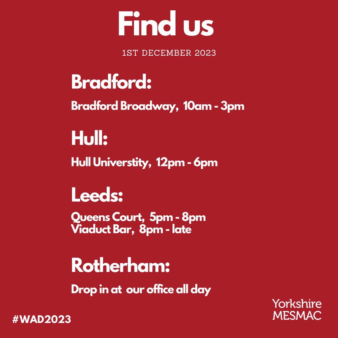 Join us around Yorkshire for World AIDS Day 2023. We are providing free HIV tests and are on hand to answer any questions you have! End HIV Stigma! @ViaductShowBar @TheBroadwayBrad @MesmacRotherham @UniOfHull #WAD #WAD23 #WAD2023 #HIV #hivprevention #worldaidsday #endstigma