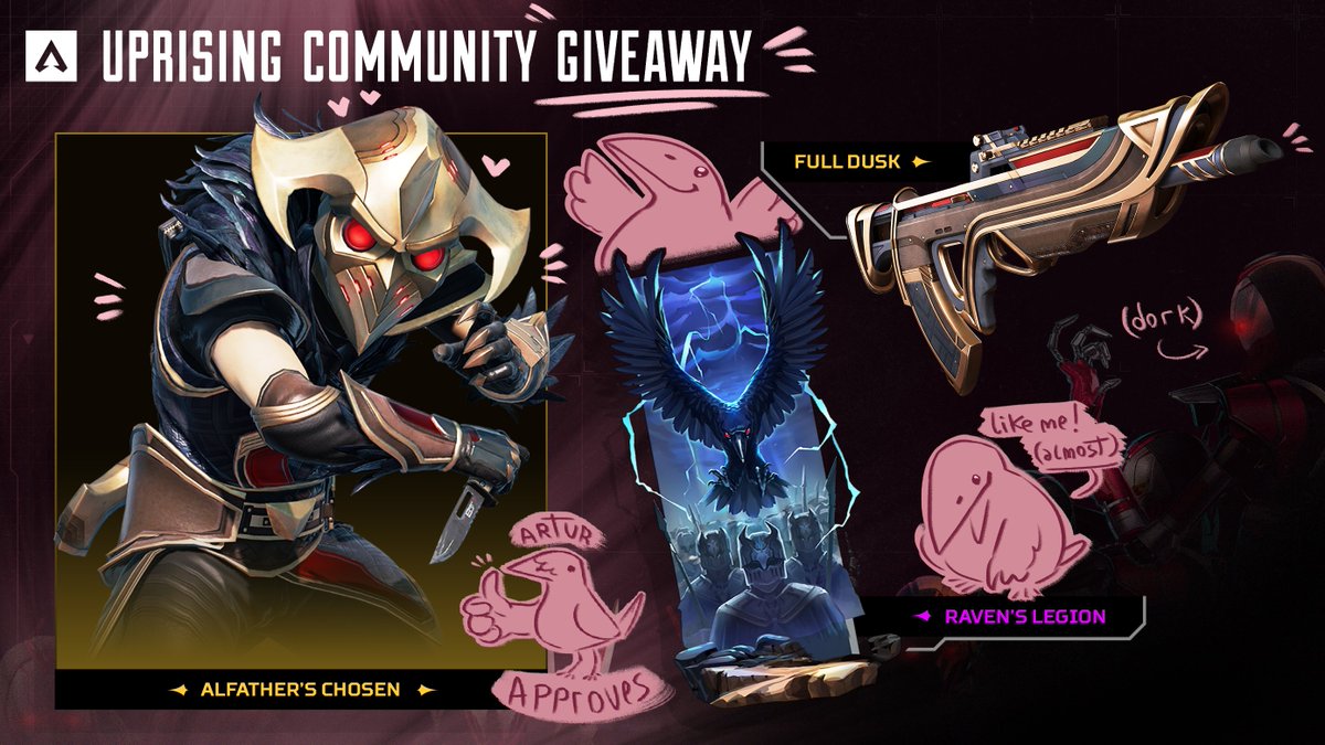mintcrows's tweet image. did you guys see killcode part 4? anyway thats crazy.
i have 3 codes to ✨GIVEAWAY✨of houndy for the next event

you can win:
🐦‍⬛ 'Alfather's Chosen' Bloodhound skin
🐦‍⬛ 'Raven's Legion' banner frame
🐦‍⬛ and! 'Full Dusk' flatline skin

to enter just:
👍like
🔁rt

ends dec 5th! 🐦‍⬛🩷