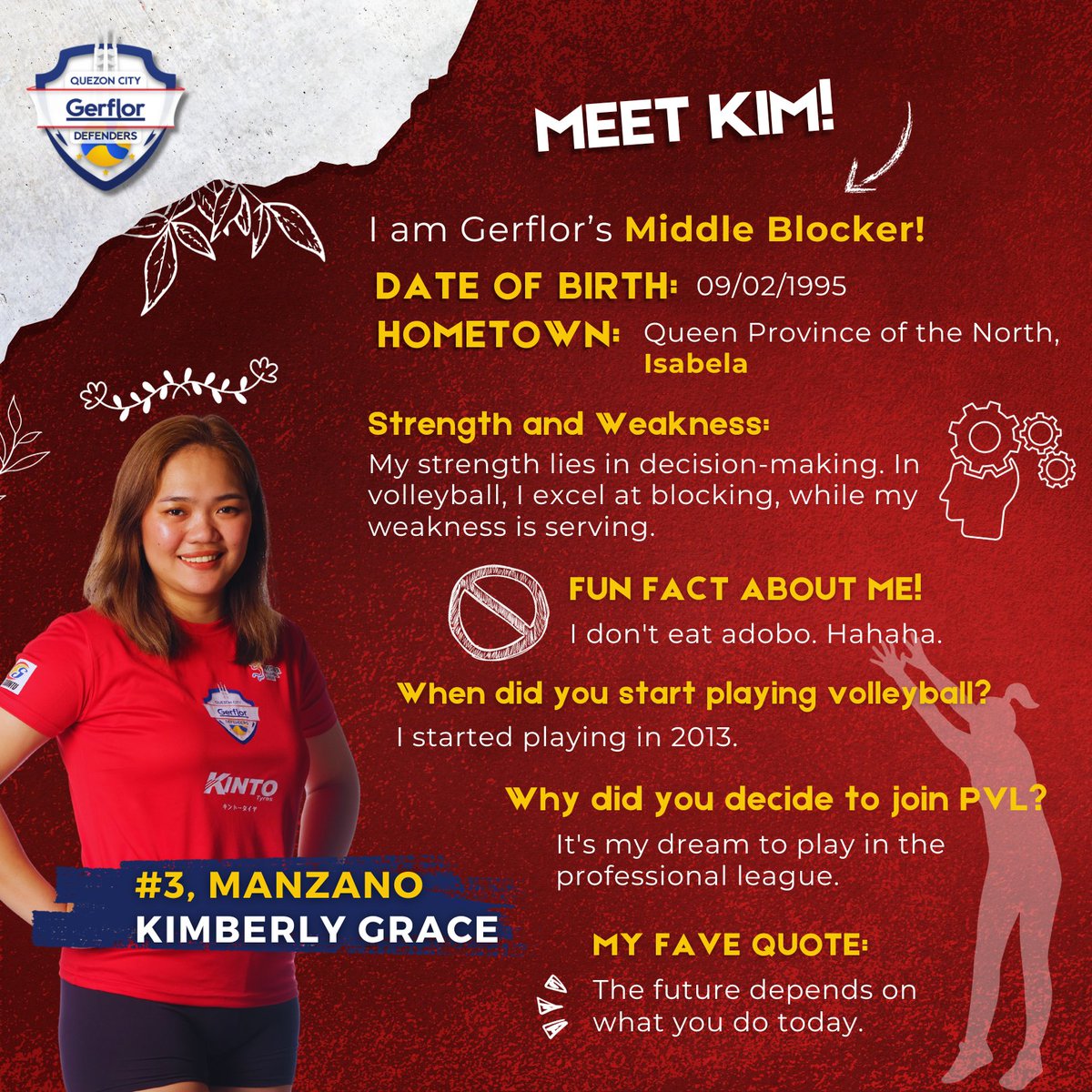 Defenders, meet Kim 🛡

Joining the PVL and playing professionally is one of her dreams, which is why she pursued it! 

Thanks for being with us, Kim 🏐🥳