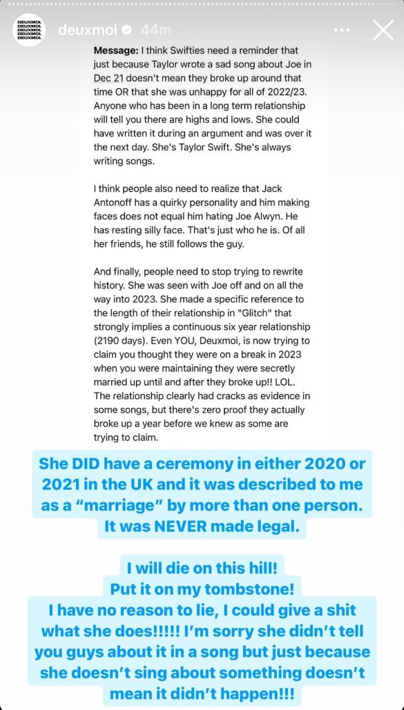 Enough is enough with these fabricated lies about Taylor from Deuxmoi. There was NEVER a marriage or ceremony of ANY kind. This is an insane thing to post. It’s time for you to be held accountable for the pain and trauma you cause with posts like these.