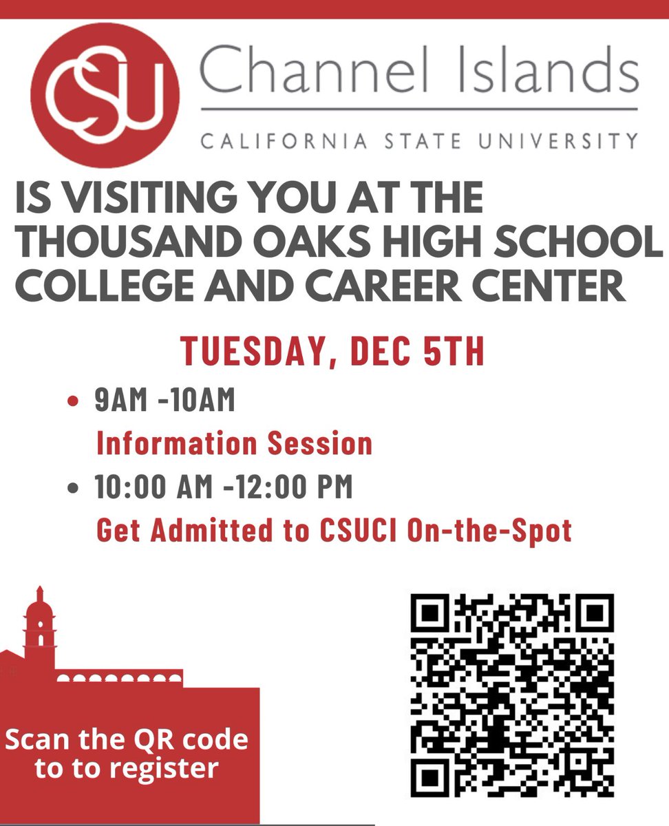 Meet the minimum A-G requirements?? Want an acceptance on the spot??  Sign up to meet with CSU Channel Islands this Tuesday, December 5th in the CCC.  Register at the QR code and don’t miss out!  @ewbergmann <a href="/DoliveriCVUSD/">Danielle Oliveri</a> <a href="/ThousandOaksHS/">Thousand Oaks HS</a> <a href="/tohs_ccc/">TOHS - College & Career Center</a>
