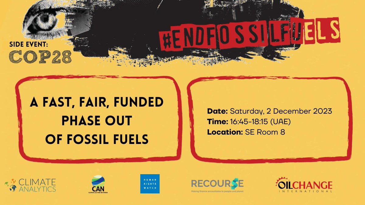 PriceofOil's tweet photo. #COP28 will be judged on whether governments agree to a fair, fast, full & funded phase out of fossil fuels. 🔎
Join us & @IENearth, @TasneemEssop, and more tomorrow to hear what that looks like & how we can get it done. Or watch online here: https://t.co/fnJZjoX1Ft https://t.co/tQg5Py7oUA