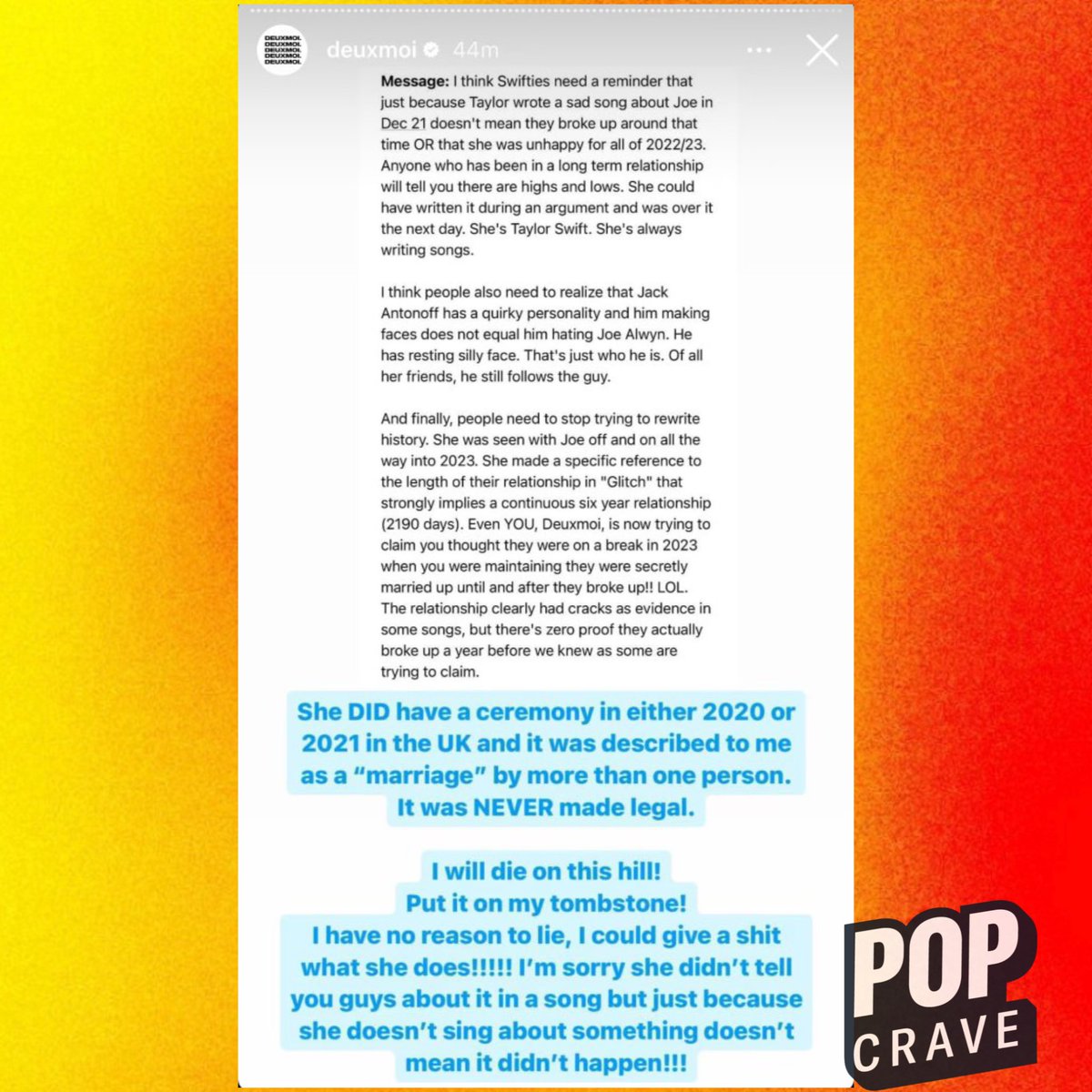 PopCrave's tweet photo. Taylor Swift’s publicist Tree Paine calls out Deumoix for spreading false rumor the singer secretly married Joe Alwyn:

“Enough is enough with these fabricated lies about Taylor from Deuxmoi. There was NEVER a marriage or ceremony of ANY kind. This is an insane thing to post. It’s time for you to be held accountable for the pain and trauma you cause with posts like these.”