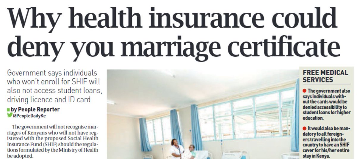 The government will not recognize marriages of Kenyans who will not have registered with the proposed Social Health Insurance Fund (SHIF), should the regulations formulated by the Ministry of Health be adopted. via @PeopleDailyKe