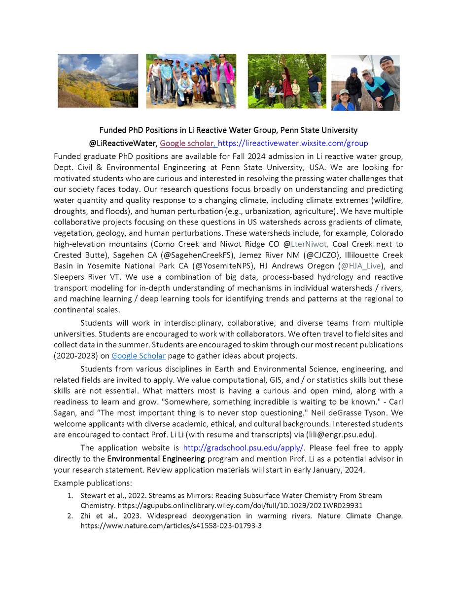 Are you interested in 1) the future of water quantity + quality under climate change + extremes; 2) reactive transport models + machine / deep learning tools? 

Come join our diverse group of learners. 
"Somewhere, something incredible is waiting to be known." - Carl Sagan