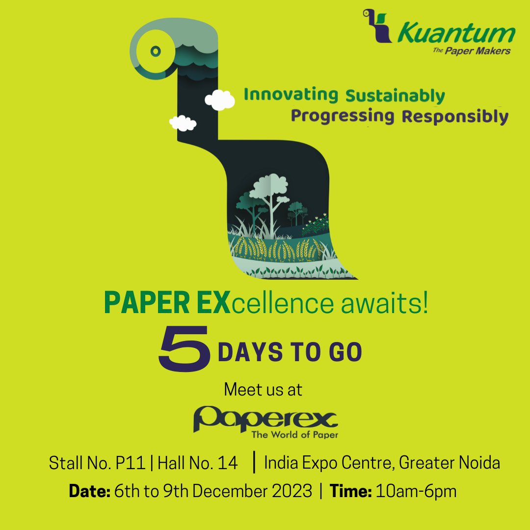 KuantumPapers's tweet photo. 5 days to Paperex 2023!
Team Kuantum eagerly anticipates your presence as we showcase our wide range of paper products — where innovation and sustainability come together to shape the future of paper.
#Paperex #KuantumPapers #ThePaperMakers https://t.co/q6Z5cAWho9