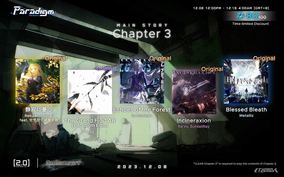 ParadigmReboot's tweet image. [Paradigm: Reboot v2.0 Update Preview ⑨]

Main Story Chapter 3: "Soulmourner" will be released on 8th, December!
The following 5 brand new songs will be included in this chapter:

- "静寂に憂う" by Reku Mochizuki feat. せやかて硝酸太郎 @RekuMczk @syousantarooo  (Original)
-…