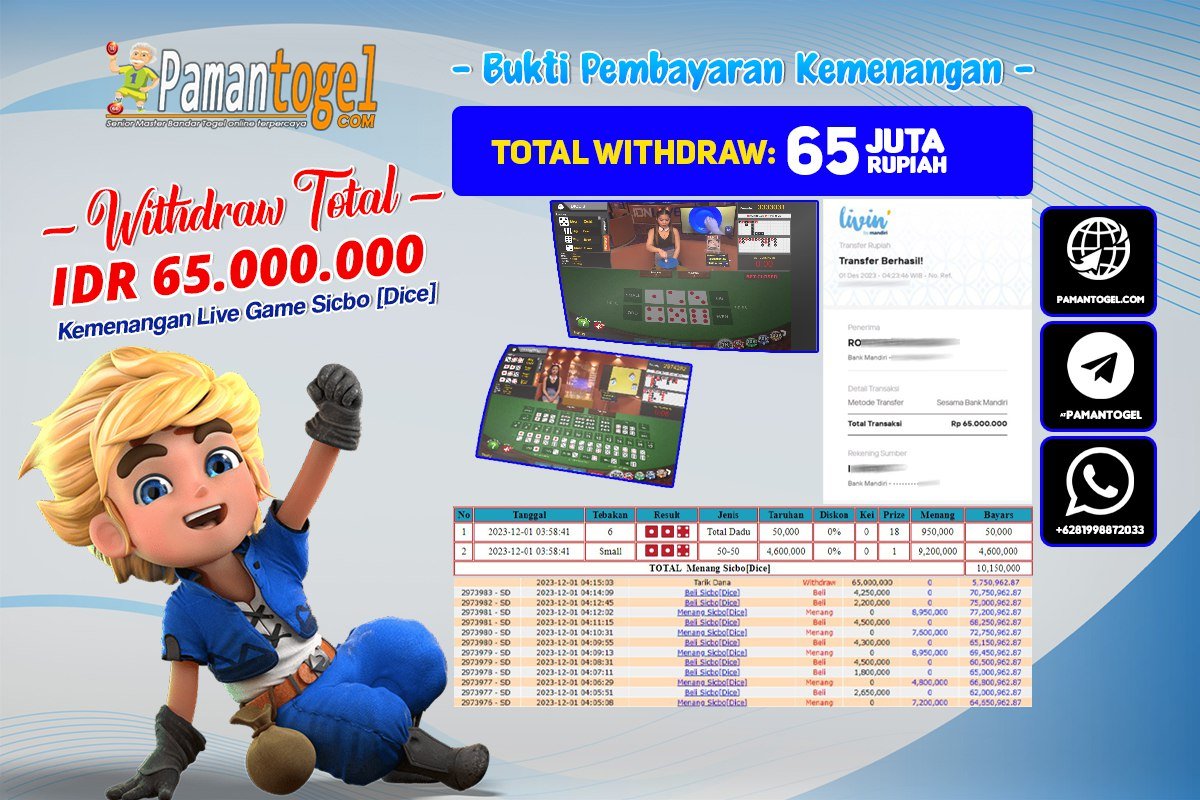 AngkaSurga's tweet photo. Kemenangan Member Setia 📷📷📷📷📷   
Bukti Pembayaran Kemenangan - Pamantogel     
Pada Permainan - Live Games Sicbo [Dice]    
Withdraw Total Nominal : Rp 65.000.000 https://t.co/hU8HxZqt7H
