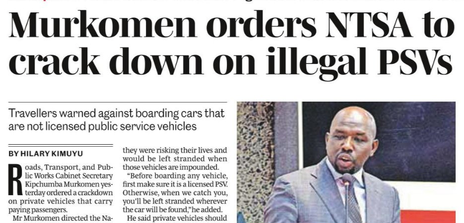 Roads, Transport, and Public Works Cabinet Secretary Kipchumba Murkomen yesterday ordered a crackdown on private vehicles that carry paying passengers. via @NationAfrica