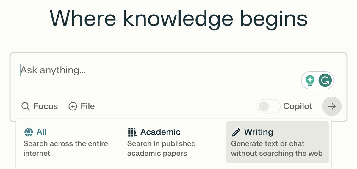 If you want to invite students to use AI text generation without having to share any personal information or make an account, try Perplexity.ai with the "Writing" focus. A tip I learned from <a href="/Brehove/">Brehove</a>. 
#AIED #aiineducation