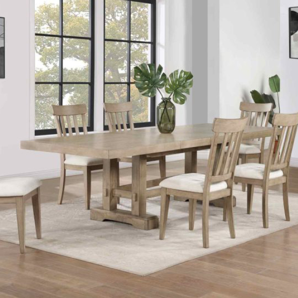 conlinsfurn's tweet image. This gorgeous trestle table expands from 72 to 108 inches with both 18-inch leaves inserted. The set includes the table &amp;amp; six chairs. On sale now for $1599. ow.ly/TRHy50QecO0 #DiningRoom #FarmhouseStyle #TrestleTable
