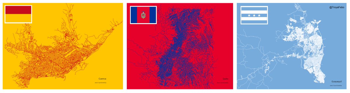 TroyaFebo's tweet photo. Map of the three main cities of #Ecuador from the economic and historical perspective: #Guayaquil, #Quito and #Cuenca. The map was created with the corresponding colors of their flags and from #OSM data. #maps #30daymapchallenge #gis #mapping https://t.co/DvS4NfMBqn
