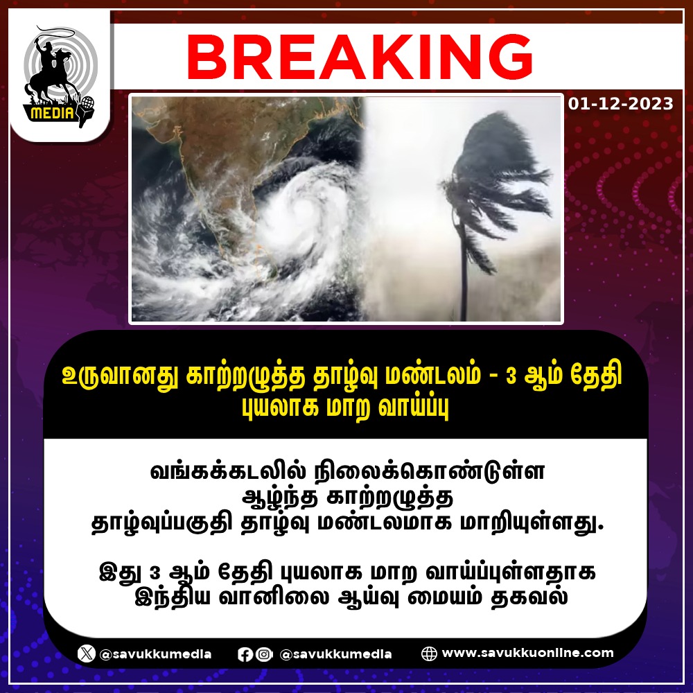 Savukkumedia's tweet image. உருவானது காற்றழுத்த தாழ்வு மண்டலம் - 3 ஆம் தேதி புயலாக மாற வாய்ப்பு...! savukku media

#lowpressure #formed #storm #மிதக்குது_சென்னை #ChennaiRains #TNRains #SchoolLeave #cyclone #WeatherUpdate #CycloneMichaung #TnweatherUpdate #tamilnadu #chennai #heavyrain #savukkumedia…