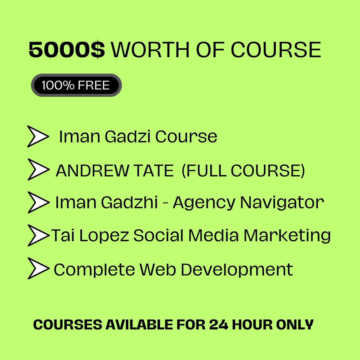 Full 100TB Course for Free

→ JavaScript 
→ Andrew Tate Course
→ Iman Gadzhi’s courses
→ Web Design-Becoming a Professional
→ Complete Web Development
→ CSS
→  Website Agency Secrets

Simply:
1. Follow (So I Will DM)
2. Like and Repost
3. Comment "Send"