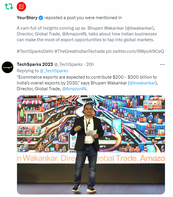 bwakankar's tweet photo. What an incredible event! Thank you @SharmaShradha  &amp; the entire team at @YourStoryCo for the opportunity to speak at #TechSparks'23 &amp; share stories of Indian D2C brands going global. 
@AmitAgarwal @Chetankrishna @bhalla_aadmi https://t.co/3yygN3RAGm