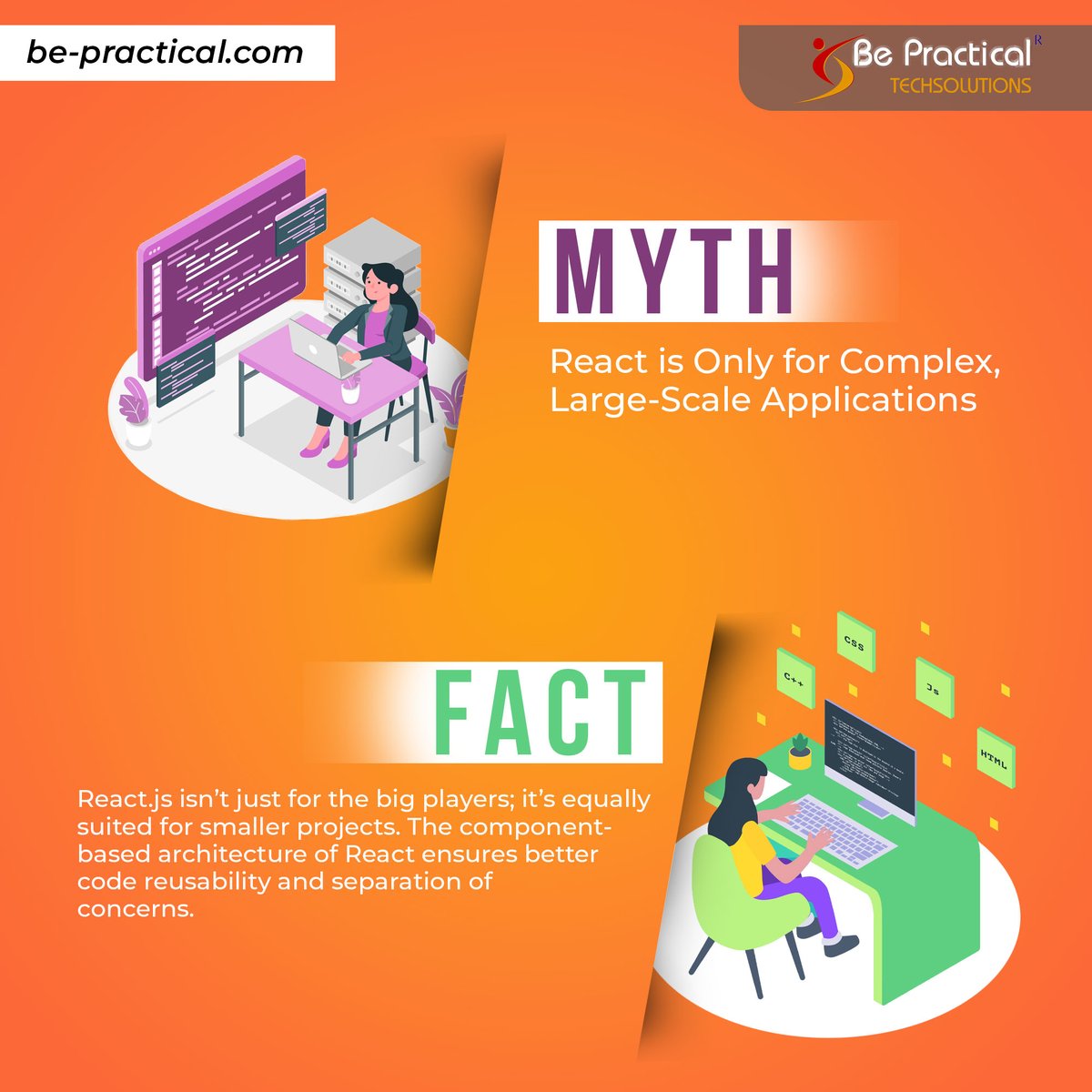 bepractical_com's tweet image. Busting the React myth! It's not just for the big players. React's versatility shines whether you're building a small project or a large-scale application. Let's redefine the narrative!
#reactversatility #codingtruths #reactjs #javascript #html #css #nodejs #python #developer
