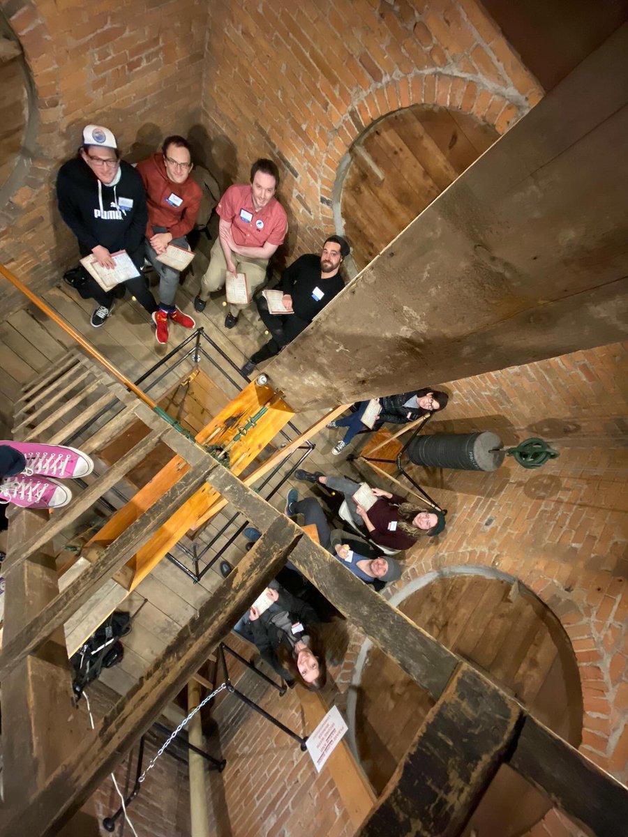 BloodClocktower's tweet photo. Turns out clock towers aren’t the roomiest places to play Blood on the Clocktower 😜

@lxthrp (from over on Instagram) and her friends had a brilliant, if not a cramped time playing at the Clocktower in Romeo, Michigan 🇺🇸 recently.  

💜 Andy

#fanfriday
#bloodclocktower
#murdermystery done differently 
❤️🩸🕰