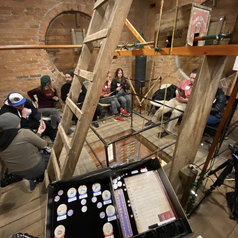 BloodClocktower's tweet photo. Turns out clock towers aren’t the roomiest places to play Blood on the Clocktower 😜

@lxthrp (from over on Instagram) and her friends had a brilliant, if not a cramped time playing at the Clocktower in Romeo, Michigan 🇺🇸 recently.  

💜 Andy

#fanfriday
#bloodclocktower
#murdermystery done differently 
❤️🩸🕰