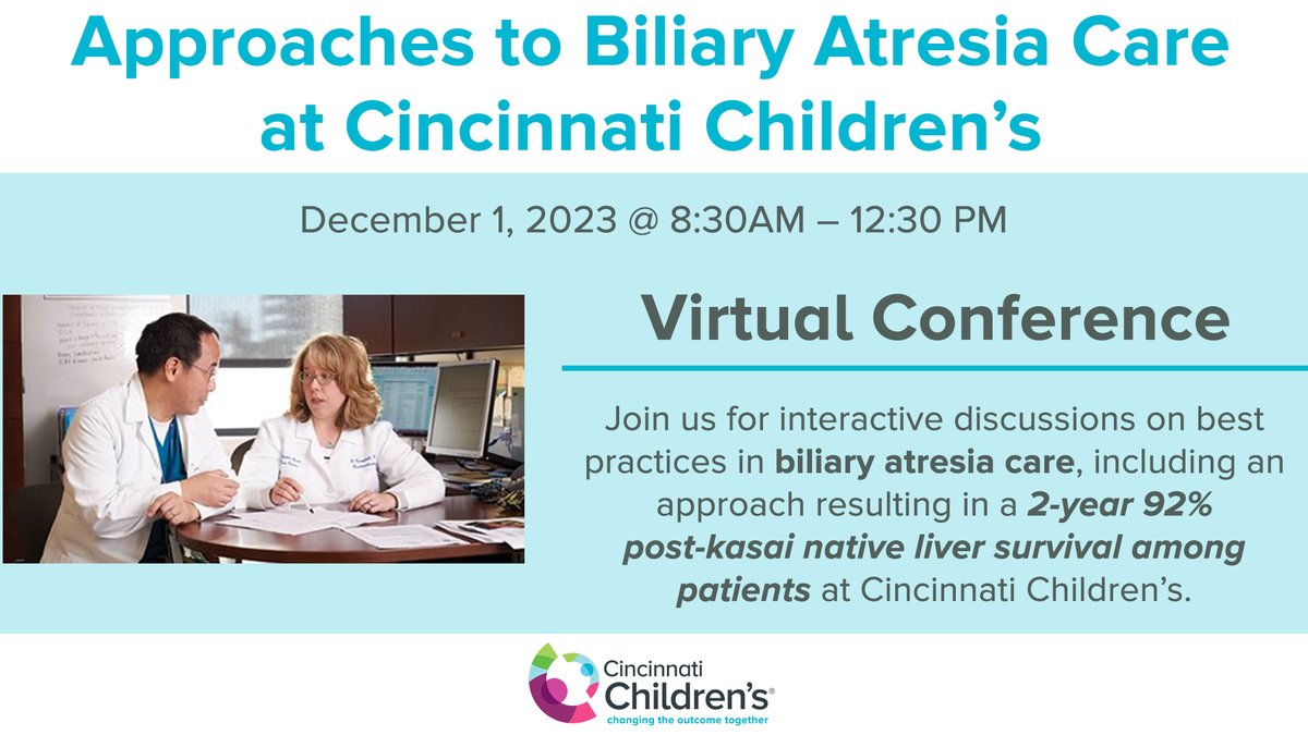 🔥🔥 TODAY at 8:30 AM EST, on National Biliary Atresia Awareness Day, we are having our FIRST EVER Approaches to Biliary Atresia Care at Cincinnati Children's event!

#SoMe4PedSurg #BiliaryAtresia @CincyChildrens