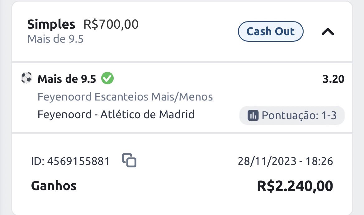 Ontem pegamos 2 greens interessantíssimos.
Entramos na vitória do Al Hilal a 2.00, minutos depois sai o gol a nosso favor.
Optamos pelo cashout.
A segunda entrada foi no +9,5 escanteios para o Feyenord.
65minutos de jogo, Feyenord perdia por 2-0 em casa e ja contava com 6 cantos.