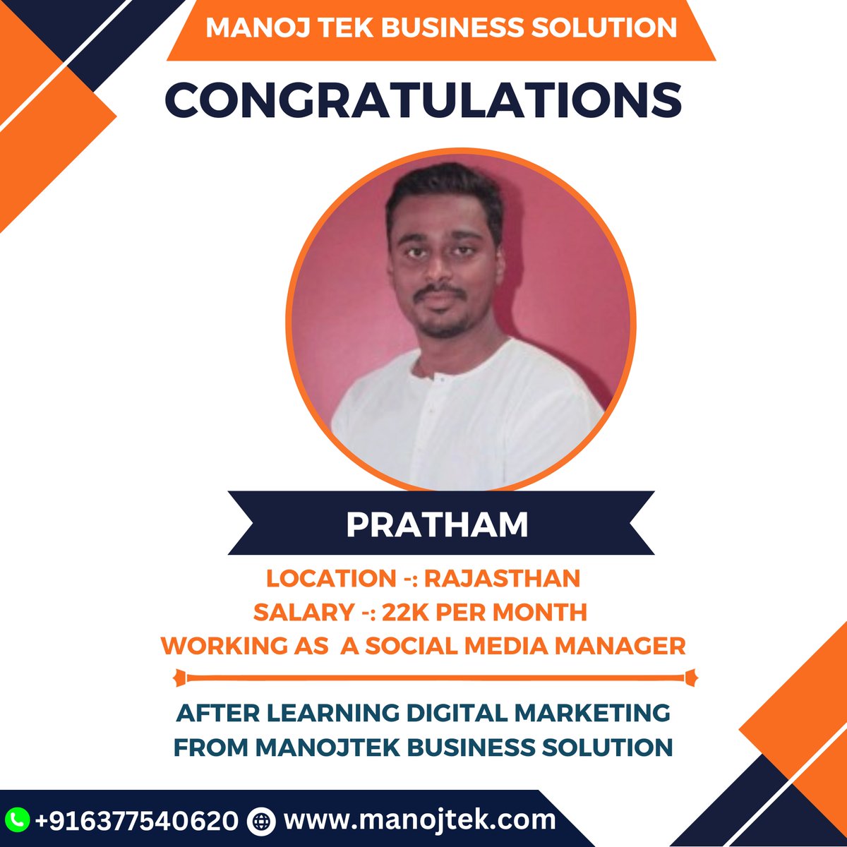 manojtek92's tweet image. "Celebrating Pratham's journey as a Social Media Manager in Rajasthan, shaping online narratives with creativity and strategy! #SocialMediaSuccess #RajasthanProfessional #DigitalStrategist #CareerMilestone #CreativityUnleashed #SocialMediaManagement #ProfessionalGrowth