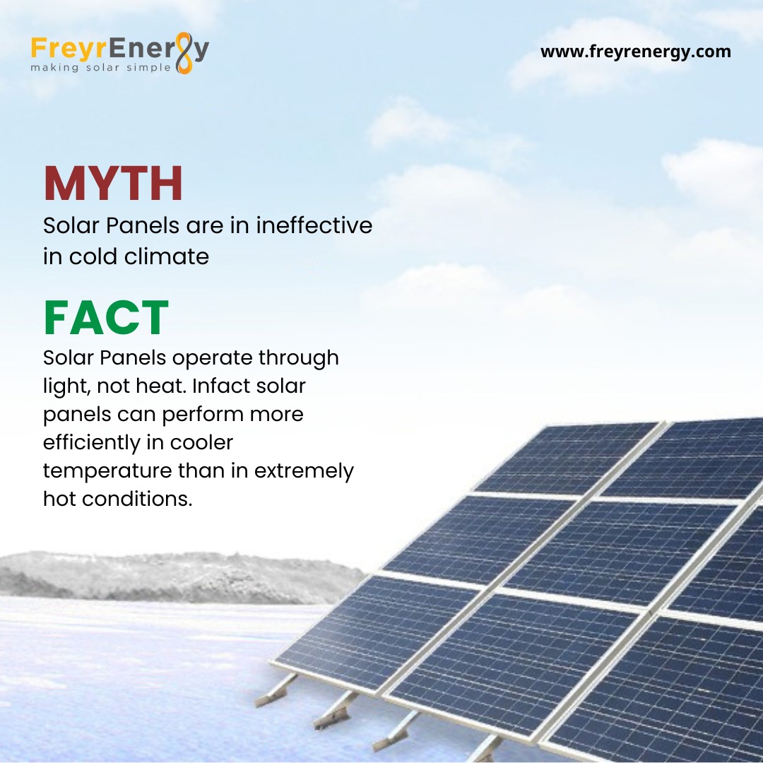 Busting myths, enlightening minds! ☀️ Myth: Solar panels don't work in the cold. Fact: They thrive in it! 🌬️✨ Learn the truth about solar efficiency and discover the power of light over heat. Let's shine a light on the truth! #freyrenergy #solarpanel #mythsandfacts #solarenergy