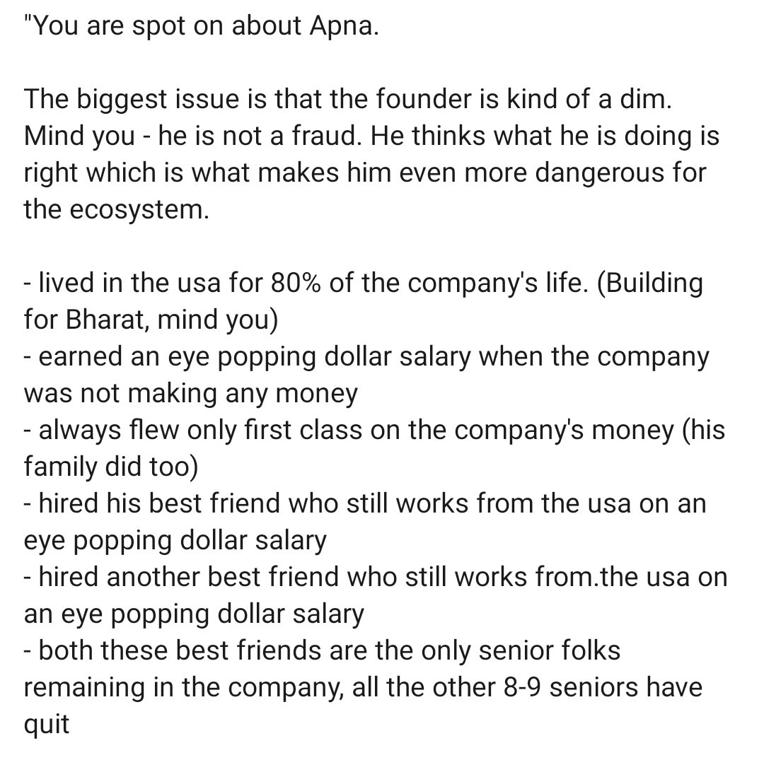 ravihanda's tweet photo. This has to be the most brutal takedown of an Indian unicorn CEO that I have ever read. 

About how thr founder of Apna is dim, vain, detached... the list goes on. https://t.co/kGQUa5dy2q