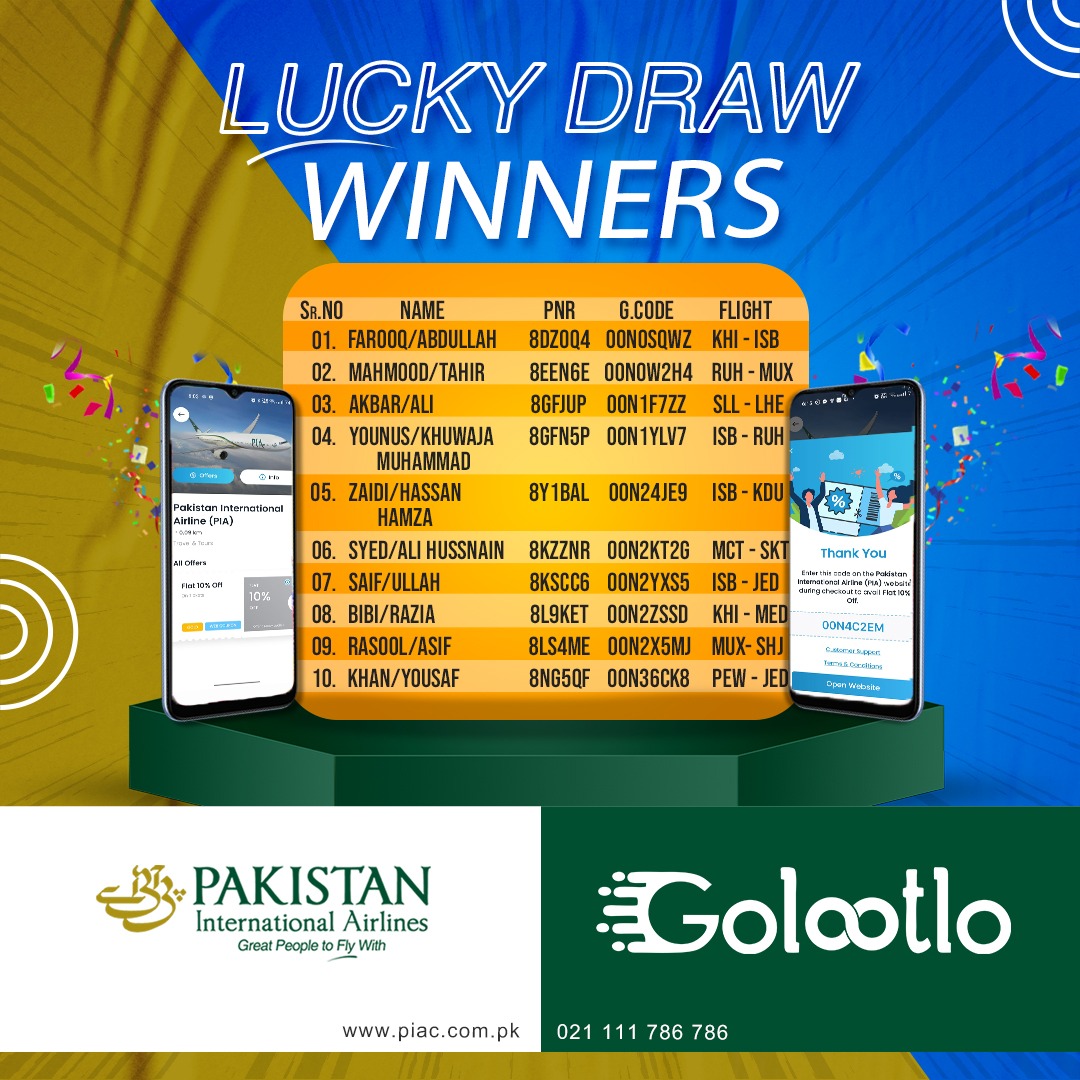 We're delighted to announce the triumphant winners of the #PIA and Golootlo Car and Smartphones lucky draw! Congratulations from PIA and Golootlo Teams. #PIAWheelsOfJoy #GolootloCarWinner #OnTheRoadToHappiness'