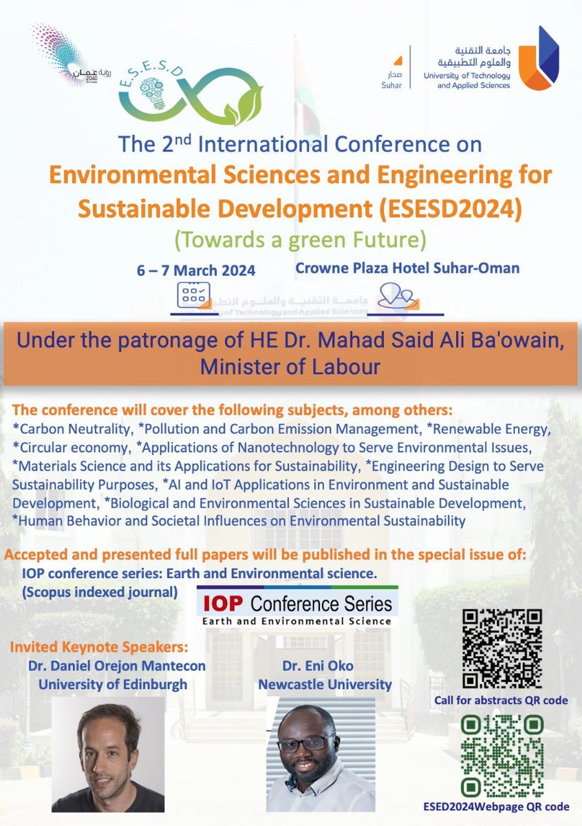 We are hosting the 2nd International conference on Environmental Science and Engineering for Sustainable Development (ESESD2024) on 6-7 March 2024 at Crowne Plaza hotel-Suhar-Oman, continuing the event’s succeful first iteration, in March 2022
Abstract are welcome until14/12/2023