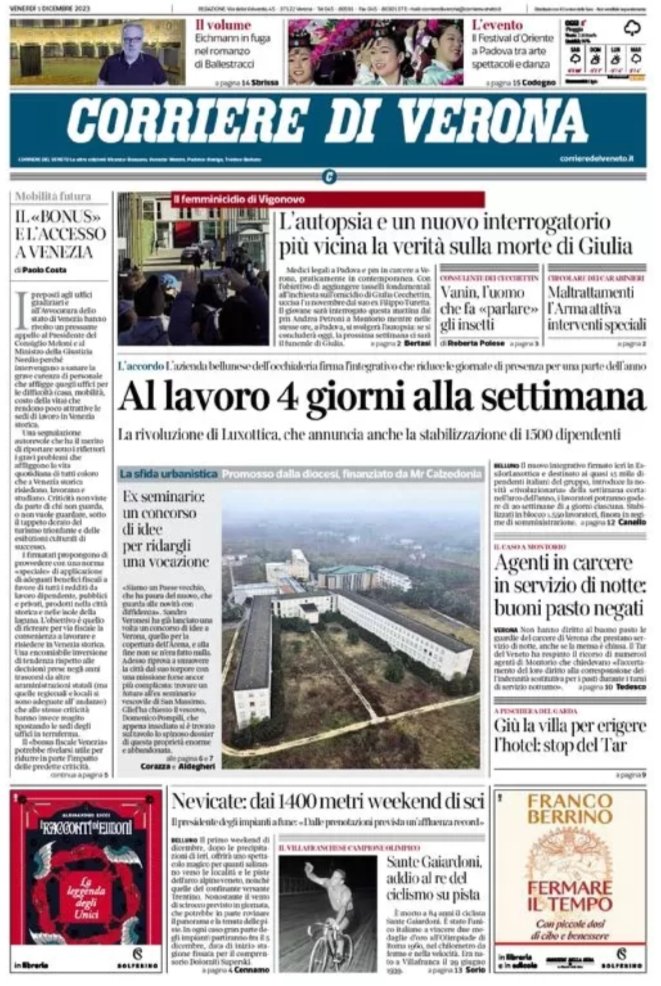 #primapagina 📰 di venerdì 1 dicembre, con AmoVerona e Il Corriere di Verona