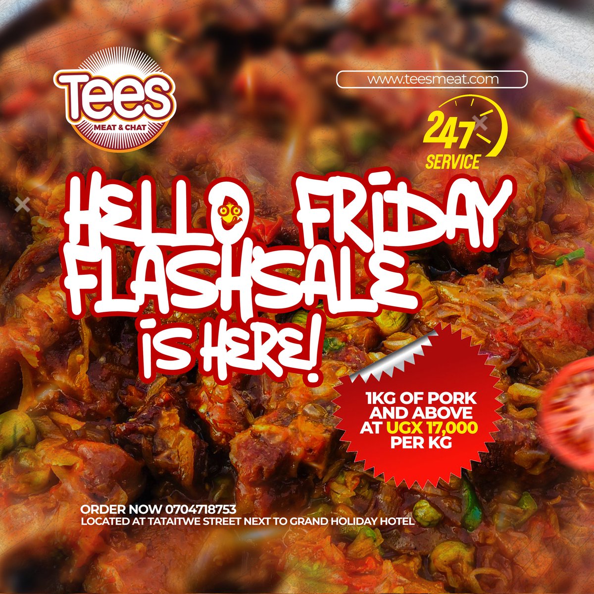 Hey Mbarara people, Friday flash is back at tees. Grab delicious pork at only 17,000/= for a minimum of a kilo