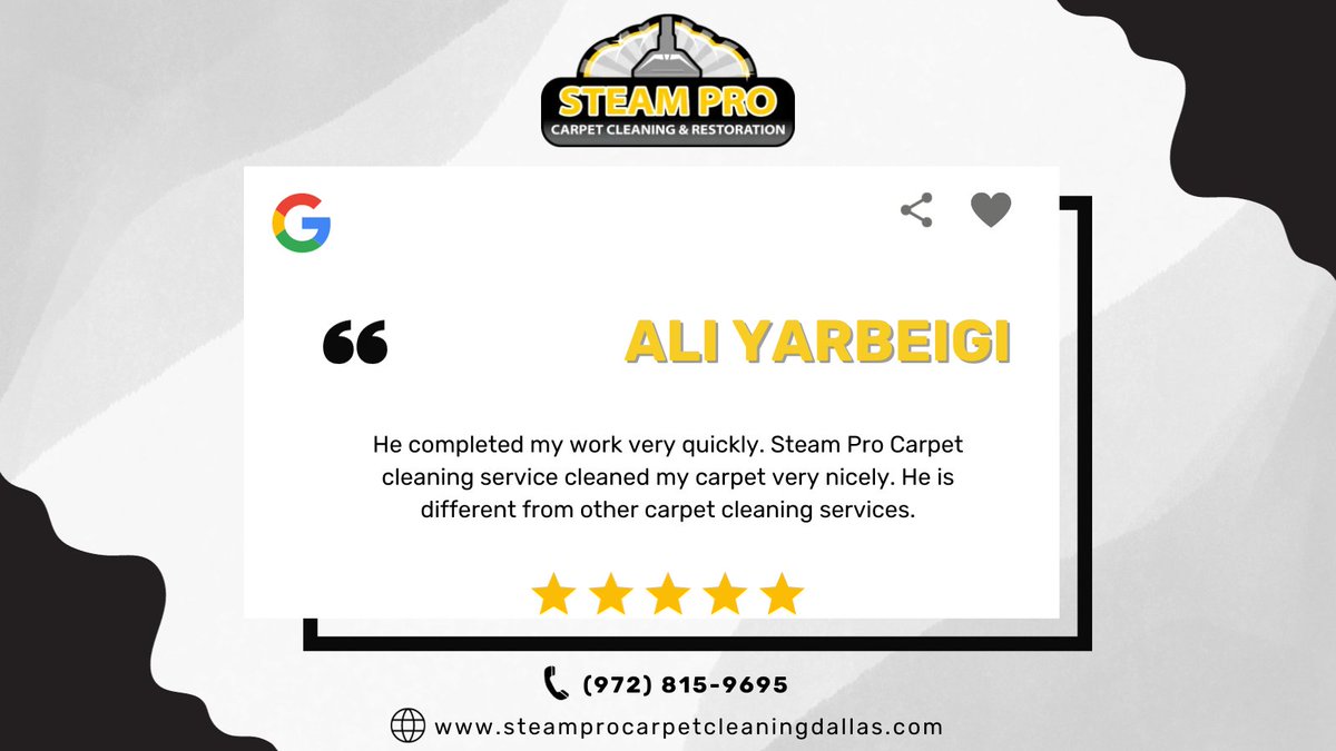 SteamProDallas's tweet image. Dear Ali Yarbeigi,

Thank you so much for your very kind words! Your review is appreciated! So happy you were completely satisfied with the results.🤝

#clientreview #clientfeedback #review #feedback #customerexperience #thanks #thankyou #5starreview #steamprocarpetcleaningdallas