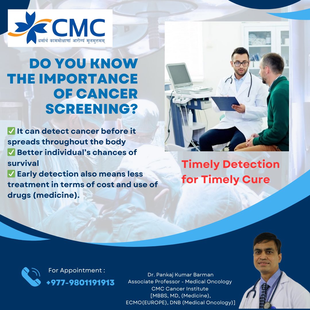 Screening tests can help find cancer at an early stage, before symptoms appear.

#DrPankajKumarBarman
#Oncology
#OncologistInNepal
#MedicalOncology
#MedicalOncologistInNepal
#CancerSpecialist
#CancerSpecialistInNepal
#CancerTreatment
#RegularScreening
#CancerScreening