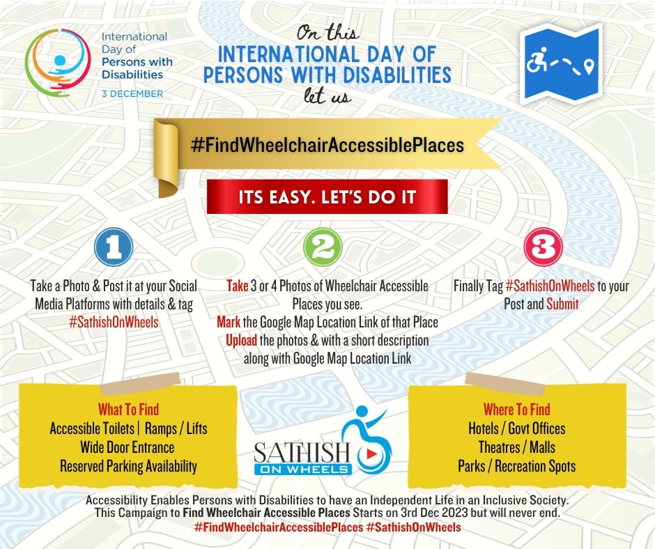 *Campaign Starts to Find Wheelchair Accessible Places* 🧑‍🦼 On this International Day of Persons with Disabilities, Let's Start to #FindWheelchairAccessiblePlaces with 3 Simple Steps. #SathishOnWheels @Tn_Diff_abled @museum_p_tn @DisabilityIndia @rampmycity @anuprayaas