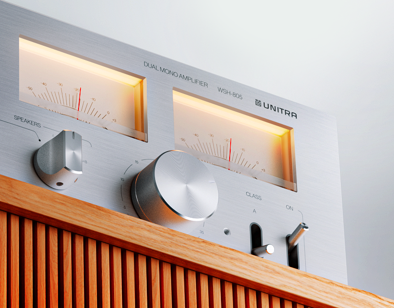 grull_design's tweet photo. "Stepping up the audio game with this sleek, retro-modern UNITRA WSH-305 Dual Mono Amplifier. 

Loving the warm glow of the VU meters and the tactile feel of those knobs! 

This 3D render pays homage to classic design with a contemporary twist. 
🎛️🔊 
#3DArt #DigitalRendering https://t.co/WAkLGet6TQ
