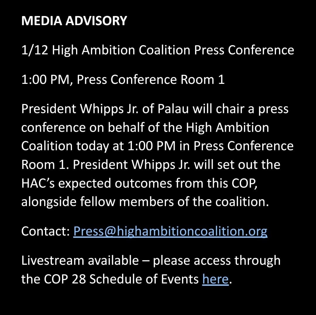 Press Conference today at 1:00 Dubai time. If you're at COP, we'll be in Press Conference Room 1 - otherwise you can watch online here: unfccc.int/COP28/schedule… #COP28 #ClimateAction #COP28UAE #Cop28Dubai