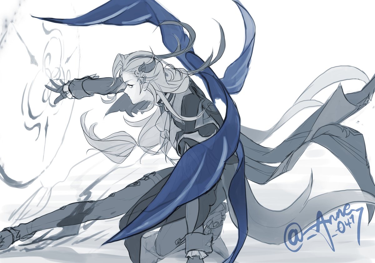 ヌヴィレットにあのオケコン羽めちゃくちゃ似合ってて好きだけど人ならざる者感すごくて敵からしてみたら（ラスボス降ってきた）て絶望するでしょ…のらくがき🦋
あと裾踏むし髪とか装飾引っ掛かるし……の話が可愛くて好きでな 強いのに全然戦闘向きじゃない格好