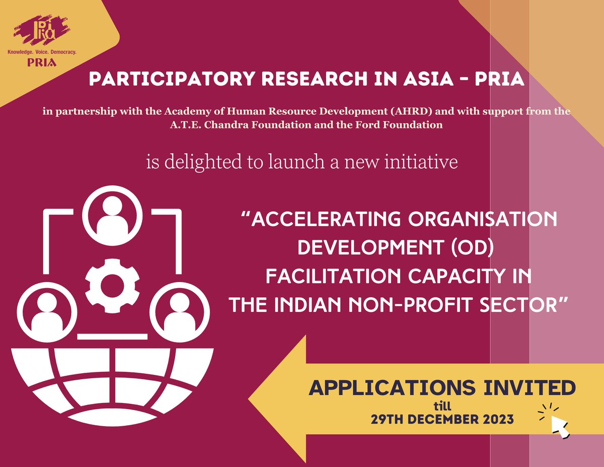 PRIA India (@pria_india) on Twitter photo <a href="/PRIA_India/">PRIA India</a> introduces "Accelerating Organisation Development (OD) Facilitation Capacity in Indian Non-profit Sector" partnering with <a href="/AcademyHRD/">AHRD</a> & supported by <a href="/ATEChandrafdn/">A.T.E. Chandra Foundation</a> <a href="/FordFoundation/">Ford Foundation</a>. Course starts on 5 Feb '24.
Applications open.
Know more - shorturl.at/dkABL <a href="/PRIA_India/">PRIA India</a> introduces "Accelerating Organisation Development (OD) Facilitation Capacity in Indian Non-profit Sector" partnering with <a href="/AcademyHRD/">AHRD</a> & supported by <a href="/ATEChandrafdn/">A.T.E. Chandra Foundation</a> <a href="/FordFoundation/">Ford Foundation</a>. Course starts on 5 Feb '24.
Applications open.
Know more - shorturl.at/dkABL