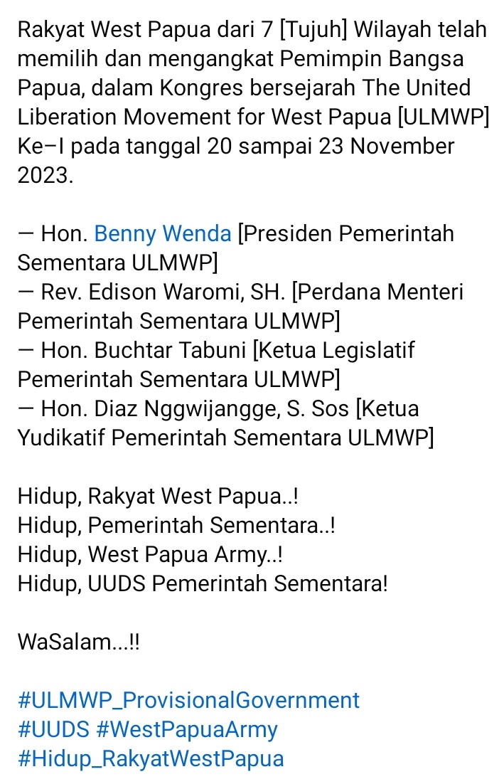 WestPapua1977's tweet photo. Rakyat West Papua dari 7 [Tujuh] Wilayah telah memilih dan mengangkat Pemimpin Bangsa Papua, dalam Kongres bersejarah The United Liberation Movement for West Papua [ULMWP] Ke–I pada tanggal 20 sampai 23 November 2023

#ULMWP_ProvisionalGovernment
#UUDS #WestPapuaArmy https://t.co/jx6EG4790X
