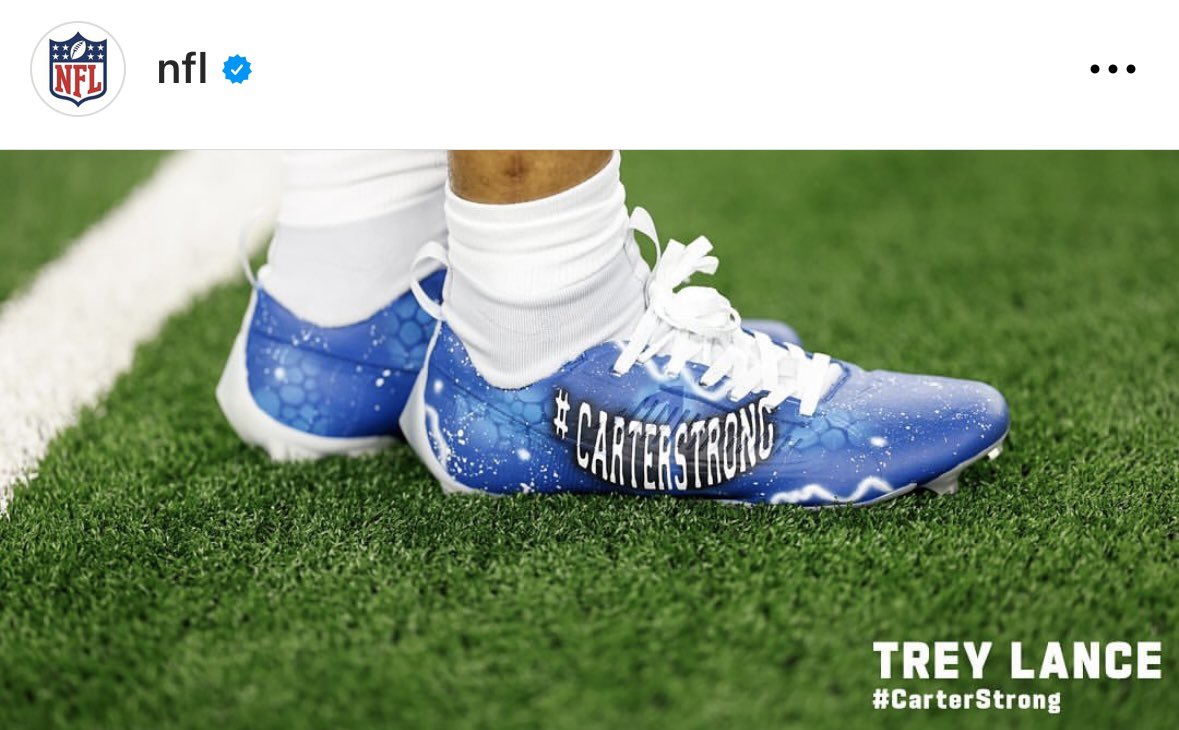 Chesler_Customs's tweet photo. S/O to the @NFL for featuring my custom cleats I created for Trey Lance! #CarterStrong https://t.co/b6Ab9h1EUL