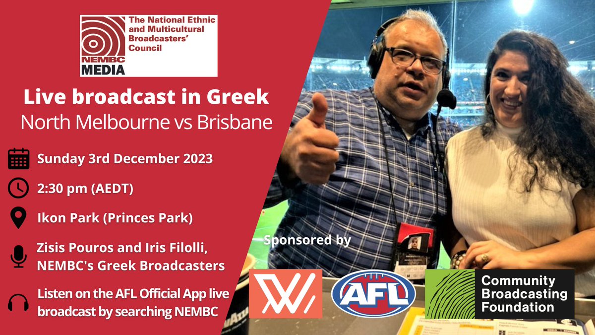 #AFLWGrandFinal | To listen to the live #Greek broadcast, download the #AFL App. Then, select the #NorthMelbourne vs #Brisbane game in the 'matches' tab, click on 'Listen Live,' and choose NEMBC Media from the list of radio streams. Download the app here: afl.com.au/news/795/the-a…