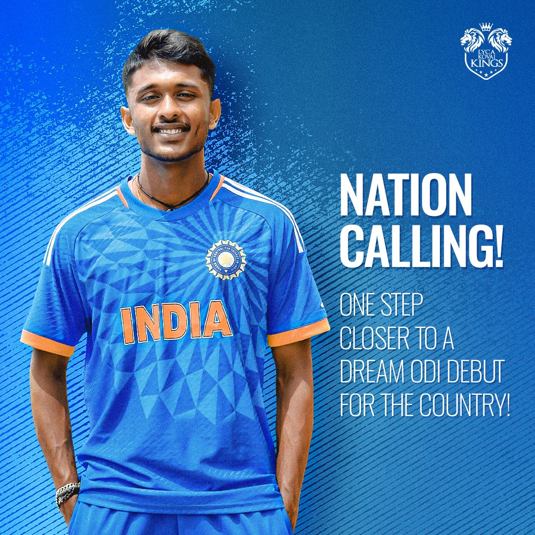 Sai Sudarshan: Answering the nation's call in the ODI Squad for Team INDIA 🇮🇳 against South Africa 🇿🇦 edging towards that dream debut! 🏏✨ @sais_1509 @BCCI #SAvIND #SaiSudharsan 🤩 #LKK #LycaKovaiKings 👑 #TNPL 🏏