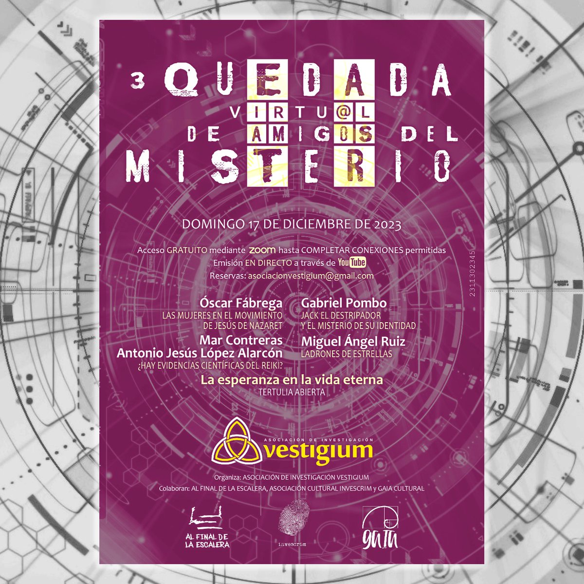 asoc_vestigium's tweet photo. El domingo 17 de diciembre, tendrá lugar la "3a Quedada Virtual de Amigos del Misterio". Para asistir, envía tu solicitud al correo asociacionvestigium@gmail.com o ponte en contacto con nosotros a través de las redes sociales X (Twitter) o Facebook.
#3QuedadaVirtual https://t.co/PwASdtqkdi