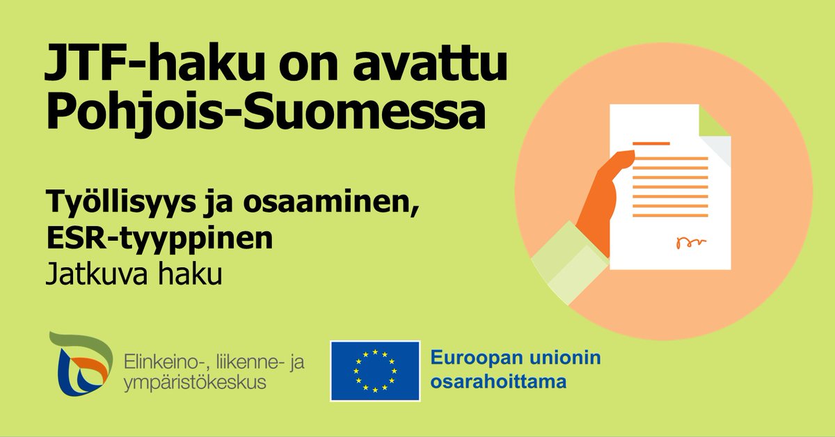 Työllisyyteen ja osaamiseen liittyvien hankkeiden JTF-rahoitushaku on avoinna Pohjois-Suomessa 👉 rakennerahastot.fi/-/jtf-rahoitus…
#EUrahoituspohjoisessa #JTF #ESR
<a href="/POPELYkeskus/">PohjoisPohjanmaanELY</a> <a href="/Rakennerahastot/">Rakennerahastot.fi</a> 
<a href="/Lapin_ELY/">Lapin ELY-keskus</a> <a href="/KainuunELY/">Kainuun ELY-keskus</a>