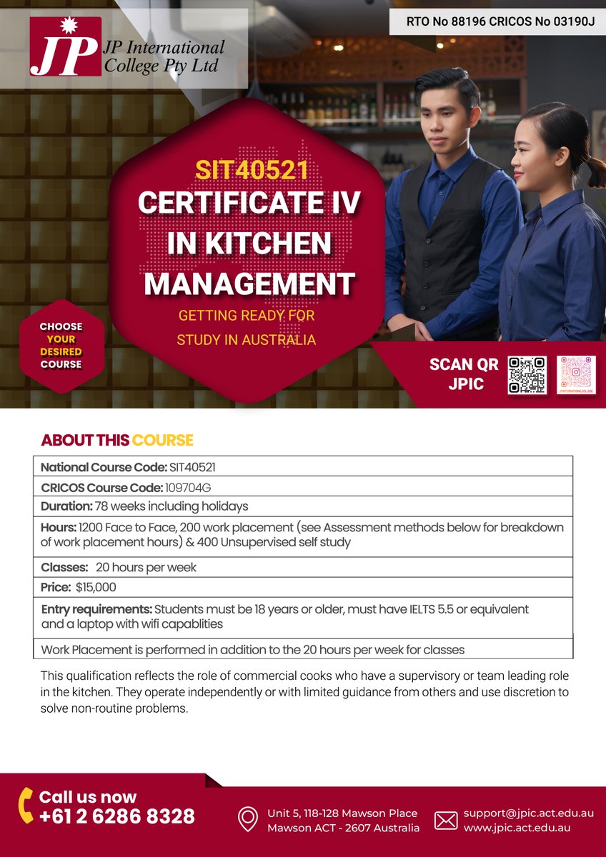 JP International College (@jpinternation15) on Twitter photo SIT40521 Certificate IV in Kitchen Management
For more information:
jpic.act.edu.au
marketing@jpic.act.edu.au
+61 262868328
#JPIC
#StudyInAustralia
#HospitalityEducation
#CanberraCollege
#GlobalHospitality
#ManagementCourses
#CommercialCookery SIT40521 Certificate IV in Kitchen Management
For more information:
jpic.act.edu.au
marketing@jpic.act.edu.au
+61 262868328
#JPIC
#StudyInAustralia
#HospitalityEducation
#CanberraCollege
#GlobalHospitality
#ManagementCourses
#CommercialCookery