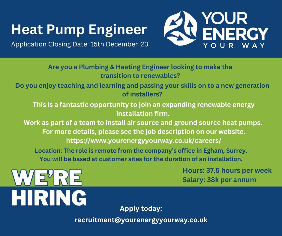 We are recruiting, please like and share amongst your contacts.  Fantastic opportunity to work with a company that puts its values first and offers great training. #plumbingjobs #renewables #heatpumps #greenjobs #hiring
