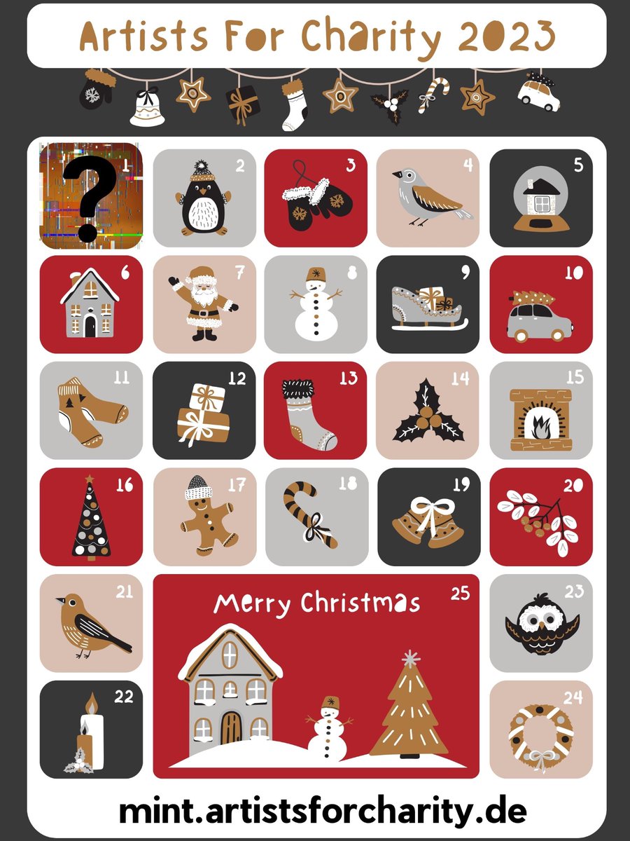 Door #1: It's finally happening!

Mint now: 

mint.artistsforcharity.de

🖼️ The digital art Advent calendar is here. Daily artworks from Dec 1-25, to empowering young women in India.

🌐 Each piece is revealed a day later

💖 Your donation matters and help make a difference!🙏🏻